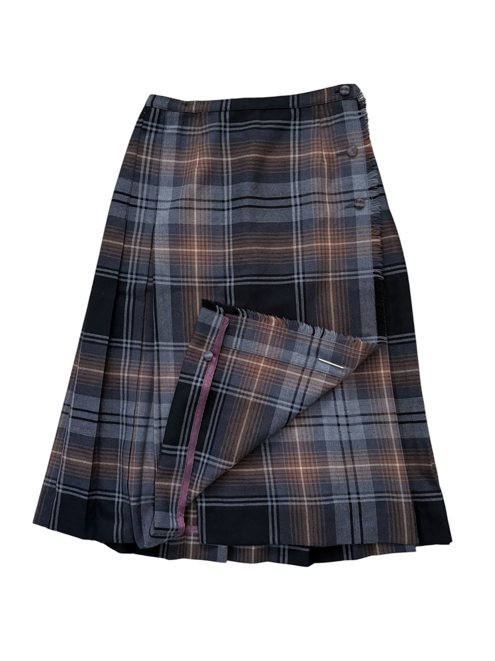 Vintage Tartan Plaid Wool Wrap Midi Kilt Skirt Canada Button Neutral Fits Size 6 - Picture 3 of 14